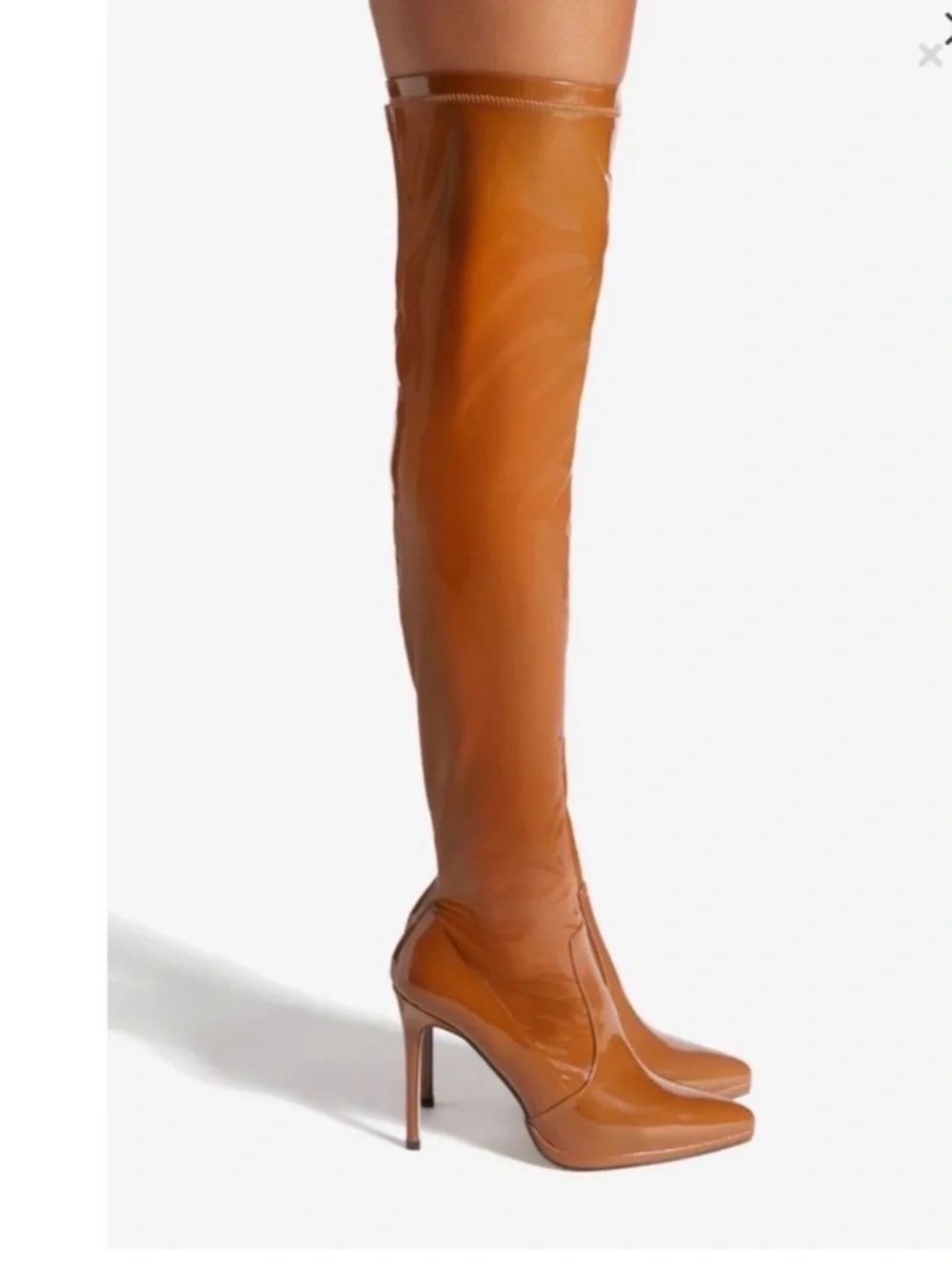 Shoe Dazzle Lekisha Tan /camel, Patent faux leather Thigh High Boots 6 NWOT